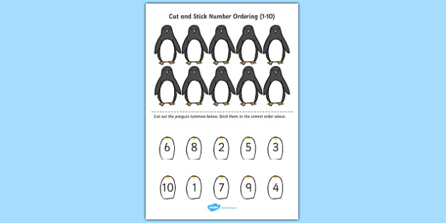 Cut and Stick Number Ordering Penguin Activity 1-10 - number