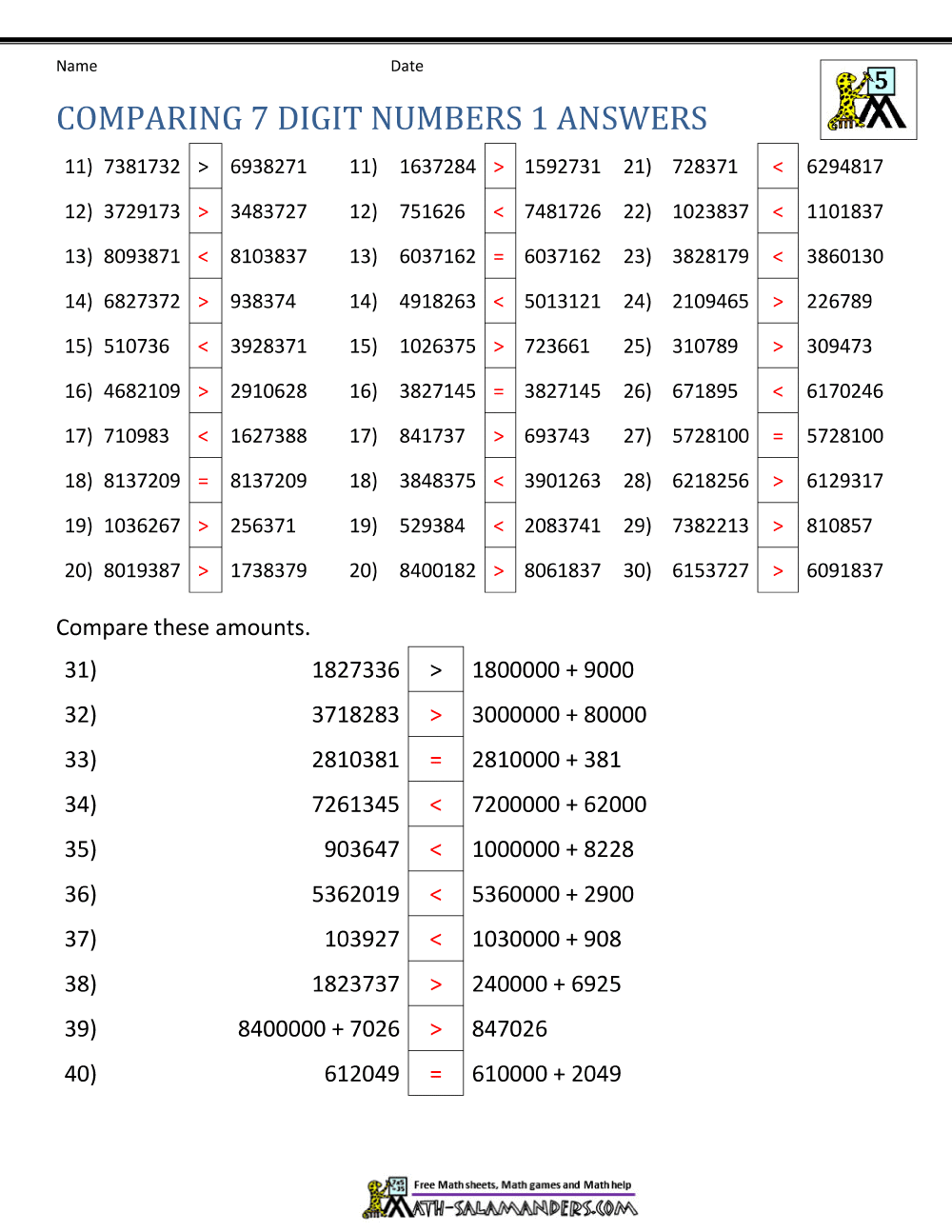 Ordering Large Numbers 5th Grade
