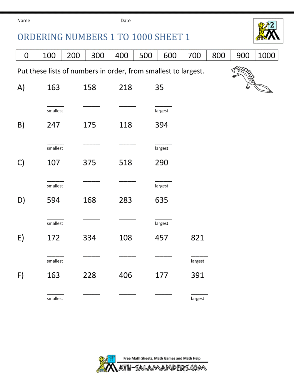 Ordering Numbers Worksheets up to 1000