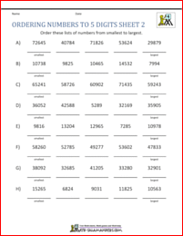 Comparing and Ordering Whole Numbers Worksheets