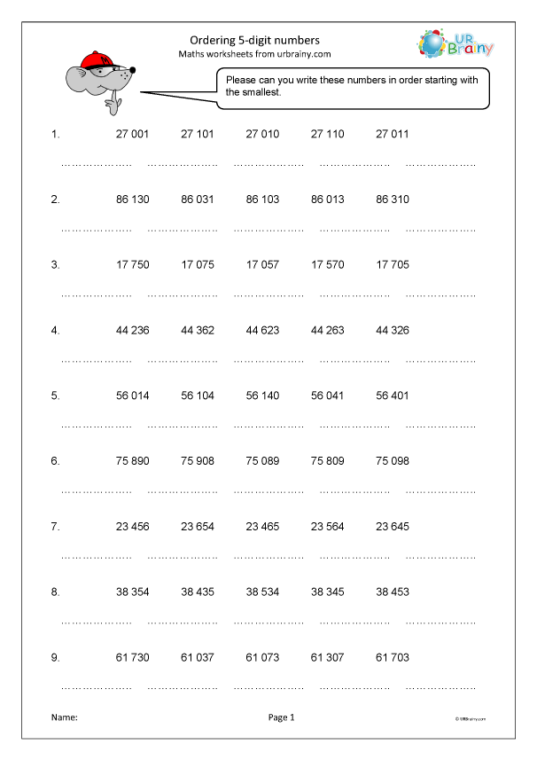 Ordering 5-digit numbers - Number and Place Value by URBrainy.com