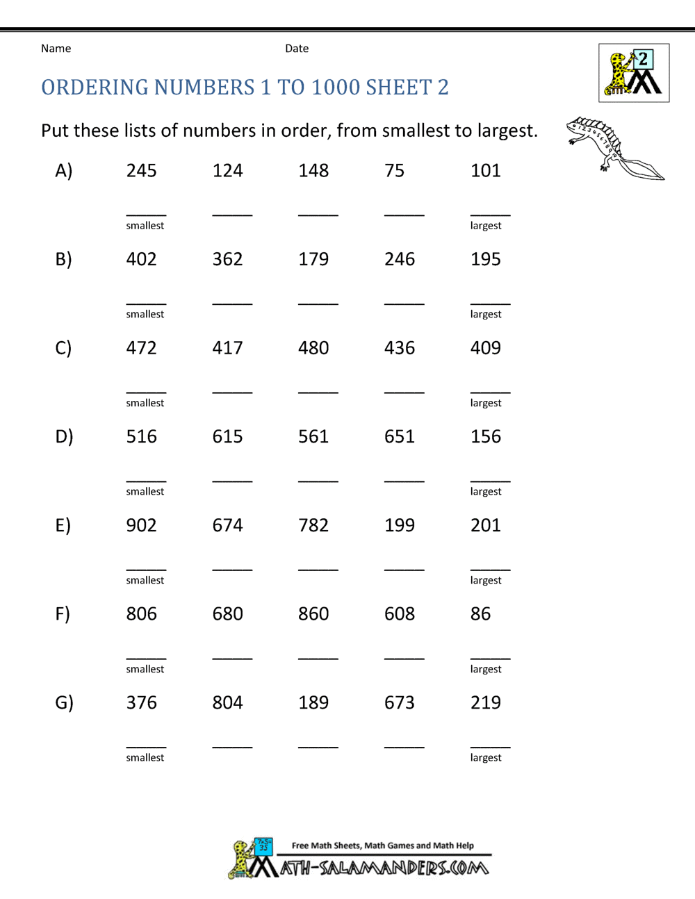 Ordering Numbers Worksheets up to 1000