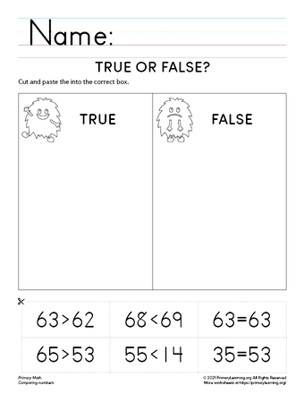 True or False - Comparing Numbers up to 70  