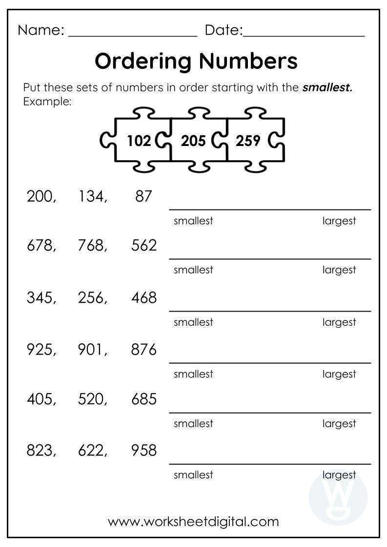 Ordering Numbers - Worksheet Digital