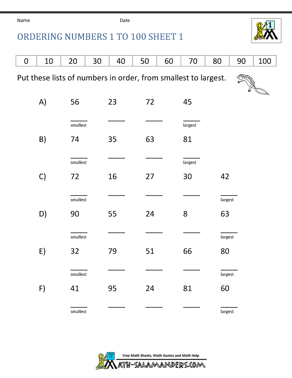 Ordering Numbers Worksheet up to 99
