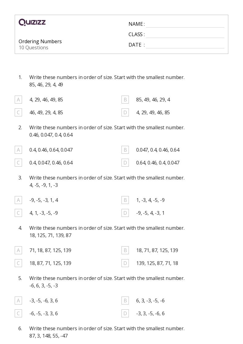 ordering numbers worksheet for 3rd