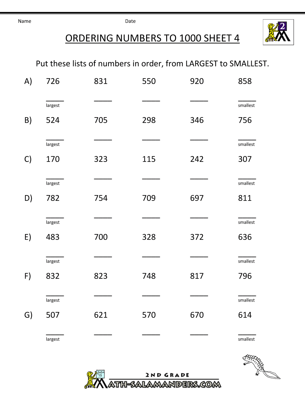 ordering numbers worksheet for 3rd