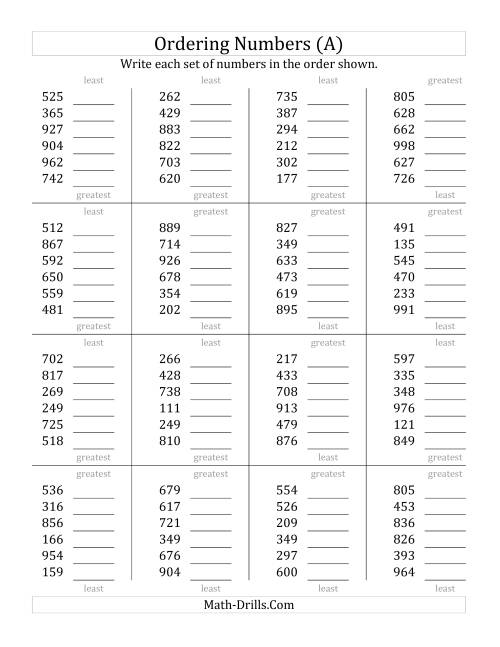 Ordering Numbers (Range 100 to 999) (A)