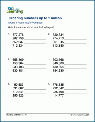 Ordering numbers up to 1 million worksheets | Worsheets library