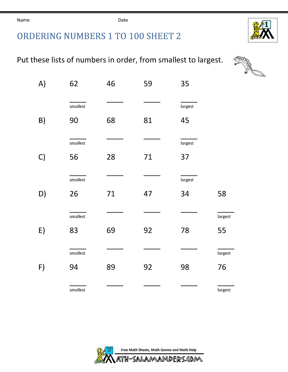 ordering numbers worksheet for year 1