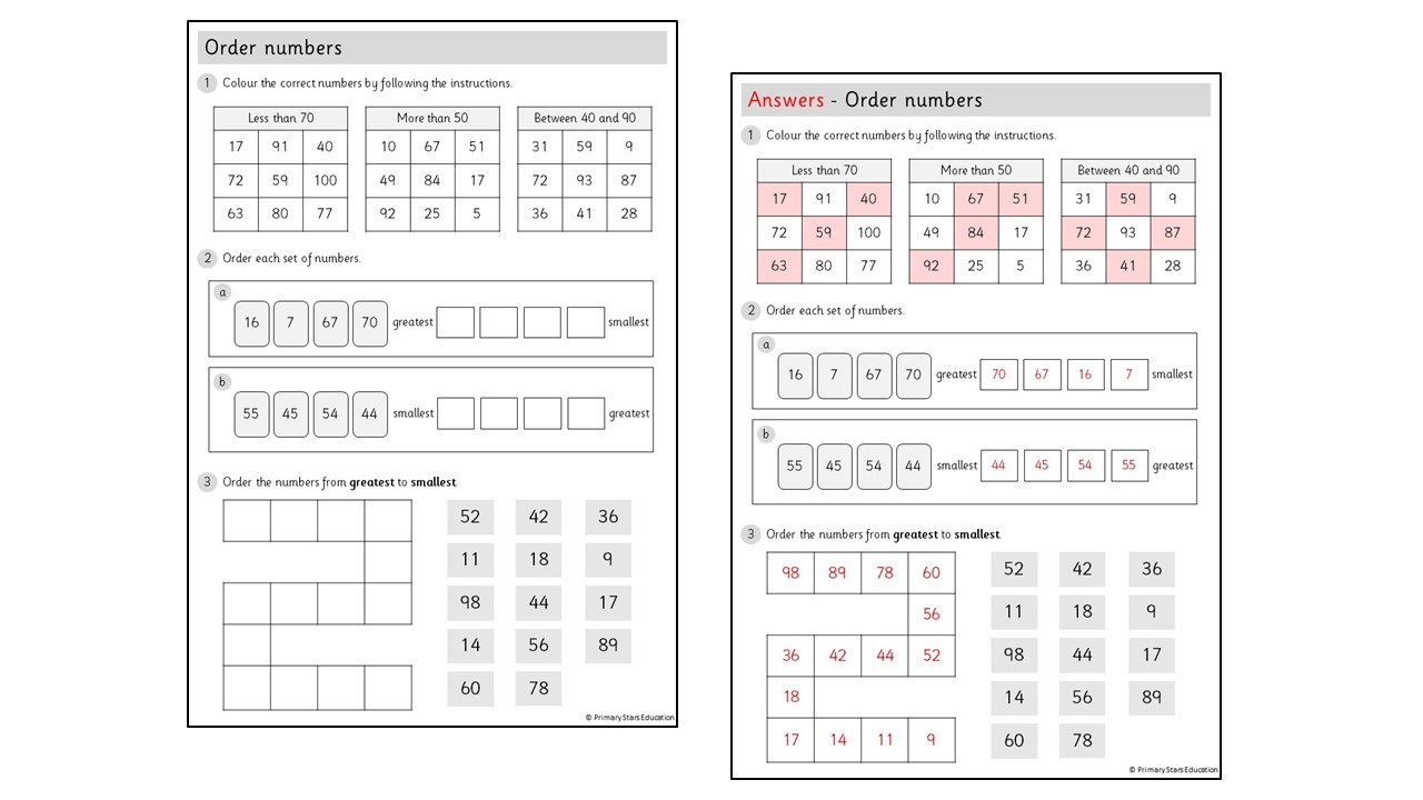 Order numbers (within 100) | Worksheets - Primary Stars Education