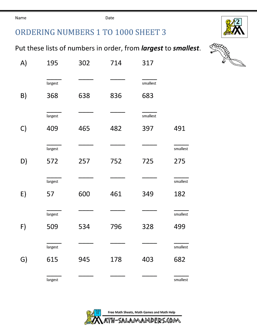 Ordering Numbers Worksheets up to 1000