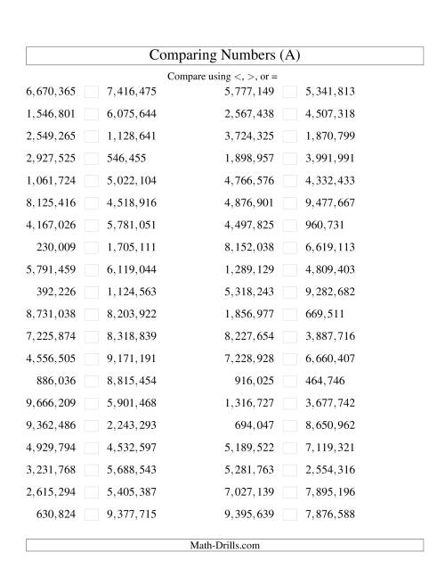 Comparing Numbers to 10,000,000 (U.S. Version) (A)