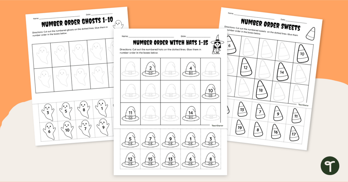 Ordering Numbers Worksheet - Halloween Cut and Paste | Teach Starter