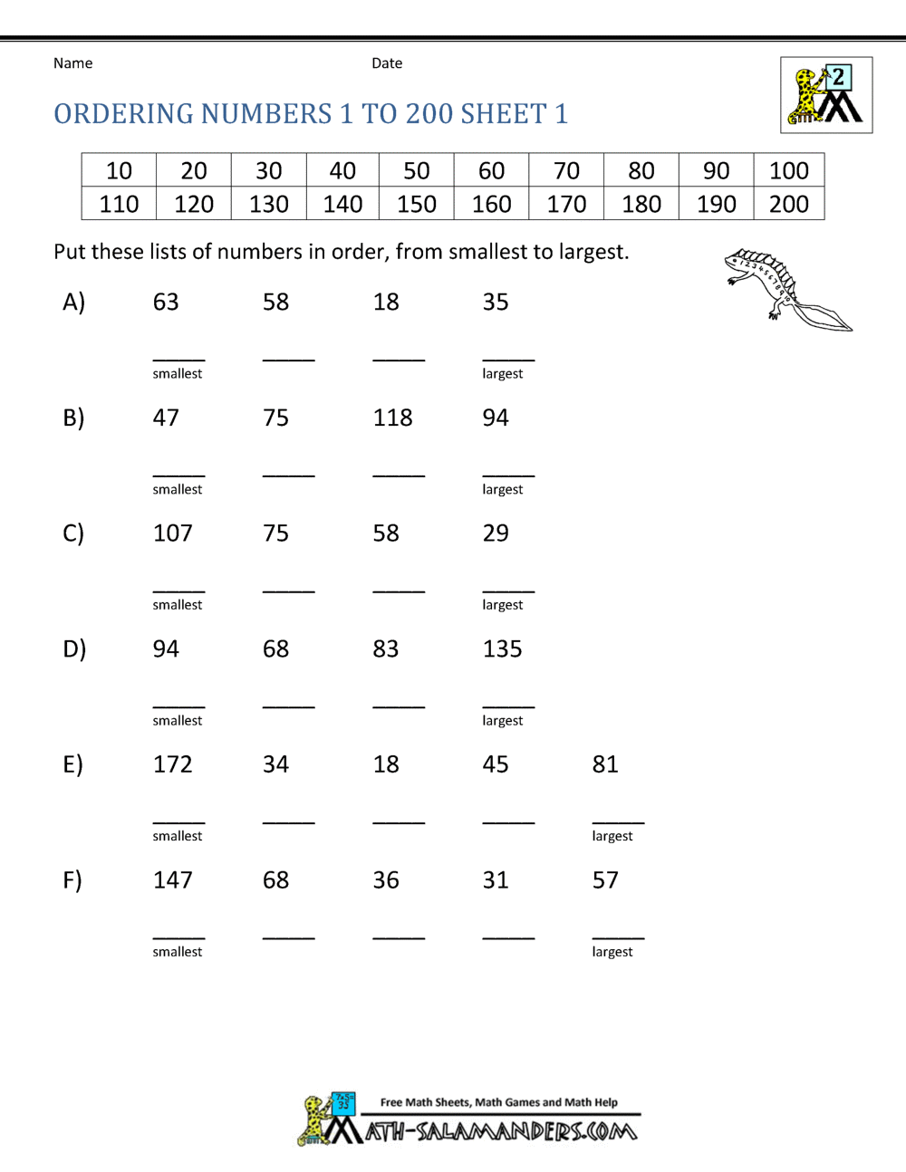 Ordering Numbers Worksheets up to 1000