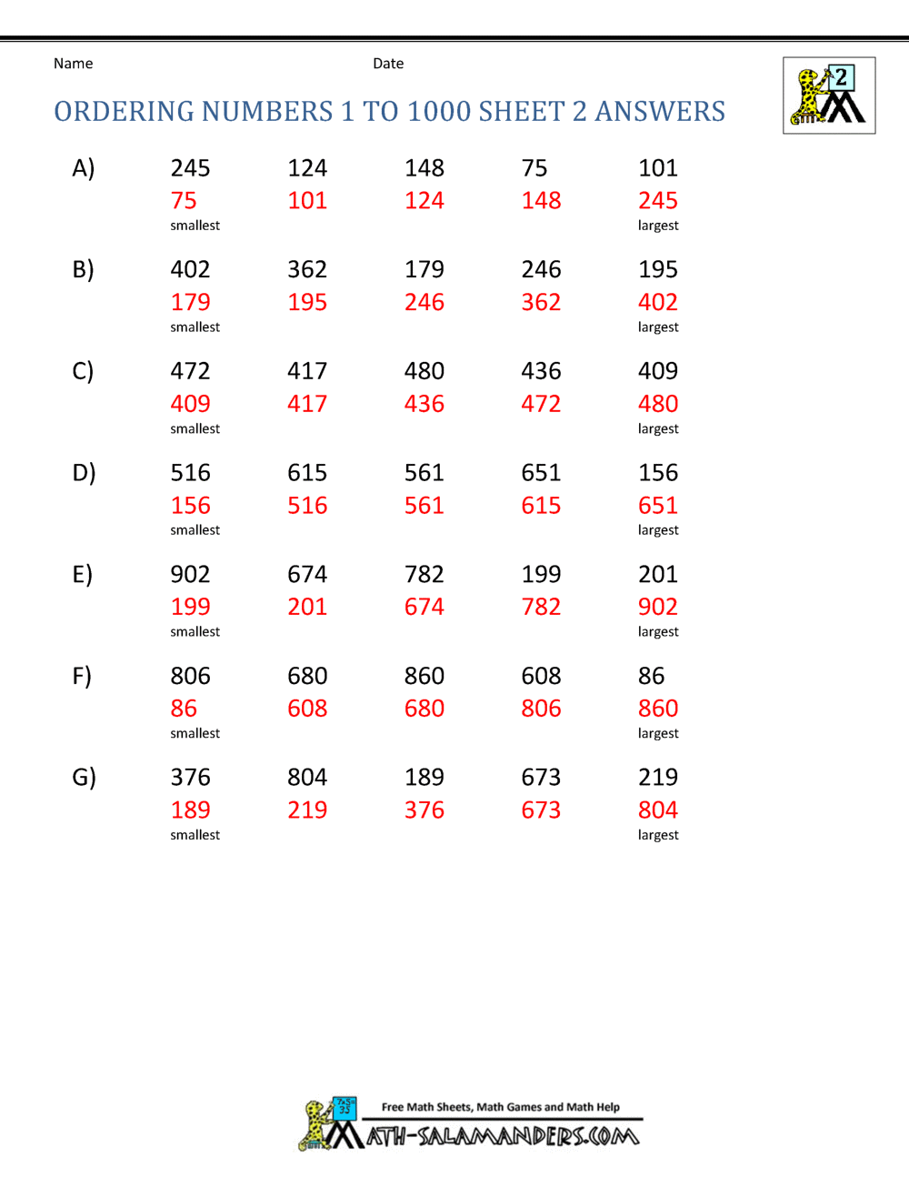 Ordering Numbers Worksheets up to 1000