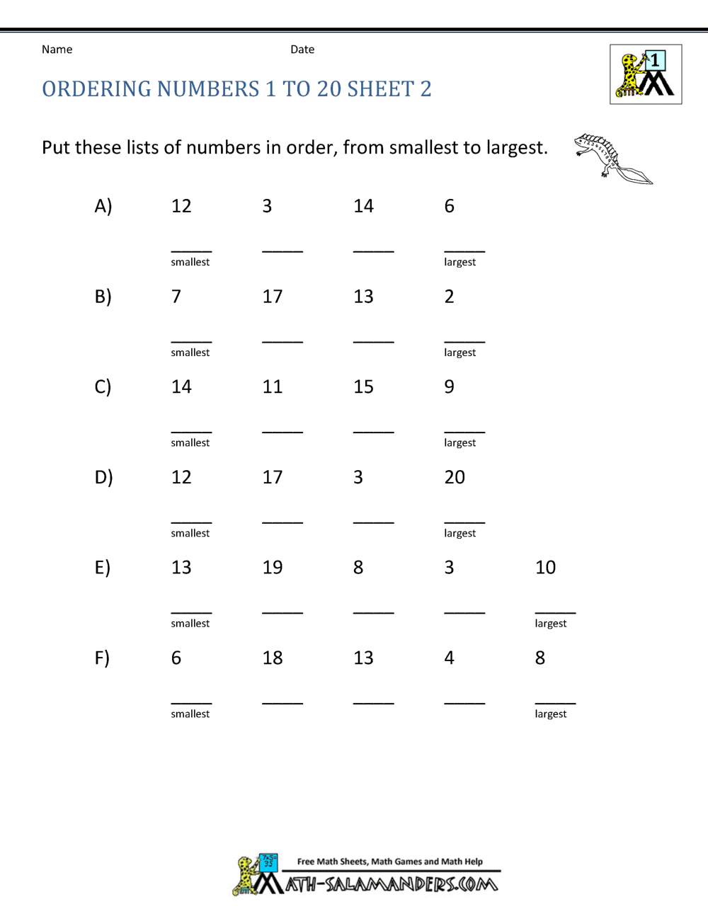 Ordering Numbers Worksheet up to 99