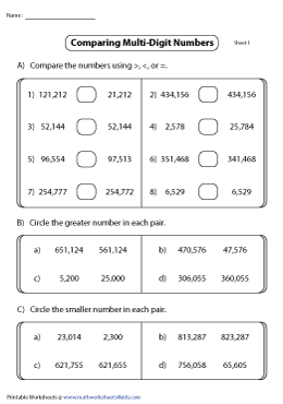 Comparing Multi-Digit Numbers Worksheets