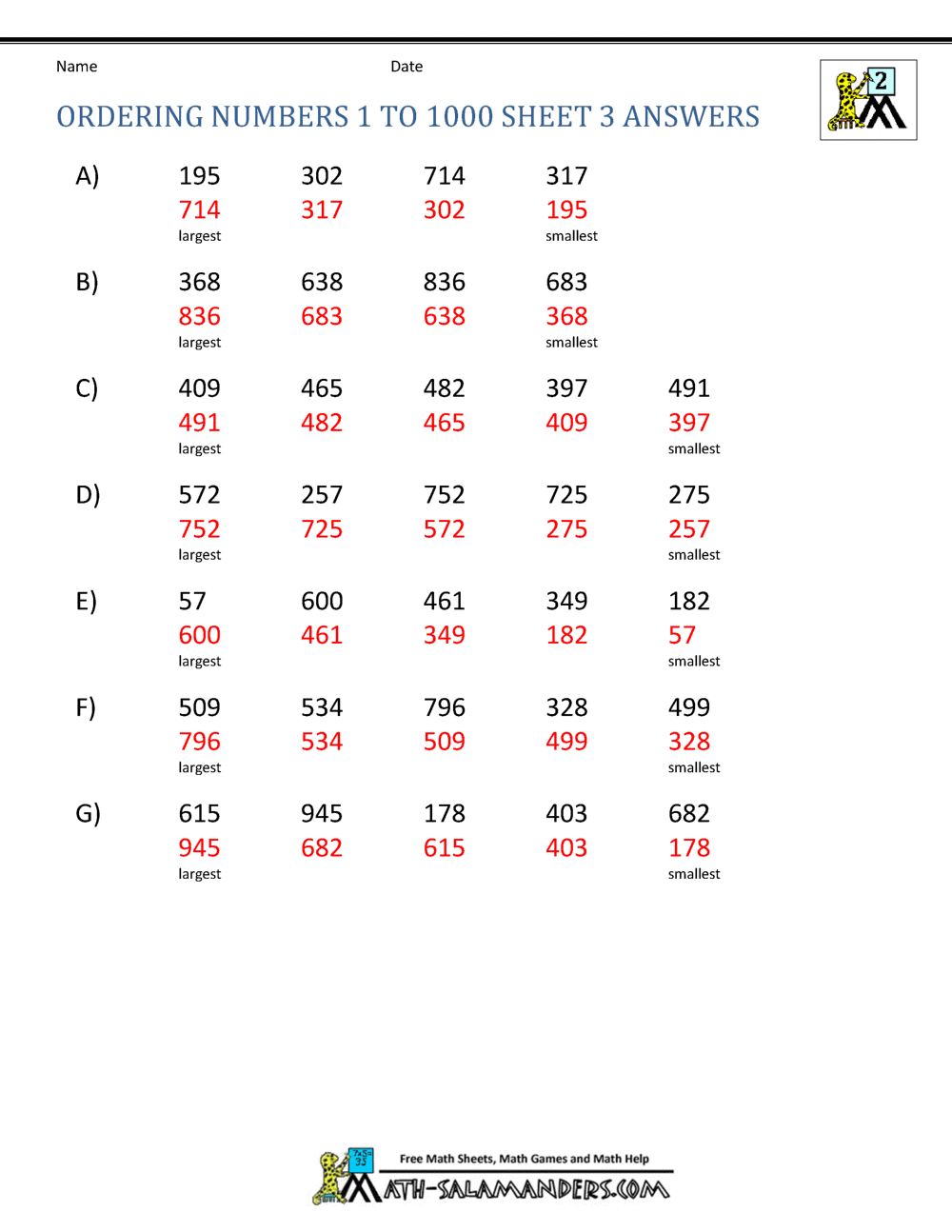 Ordering Numbers Worksheets up to 1000