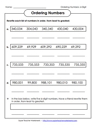 Comparing and Ordering 6-Digit Numbers: Worksheets