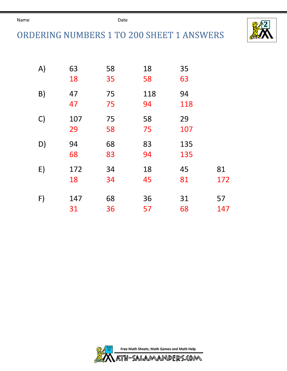 Ordering Numbers Worksheets up to 1000