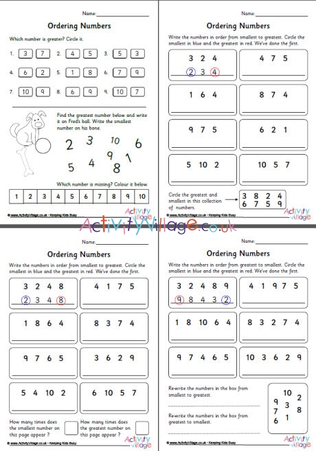 Ordering Numbers 1 to 10 Worksheets