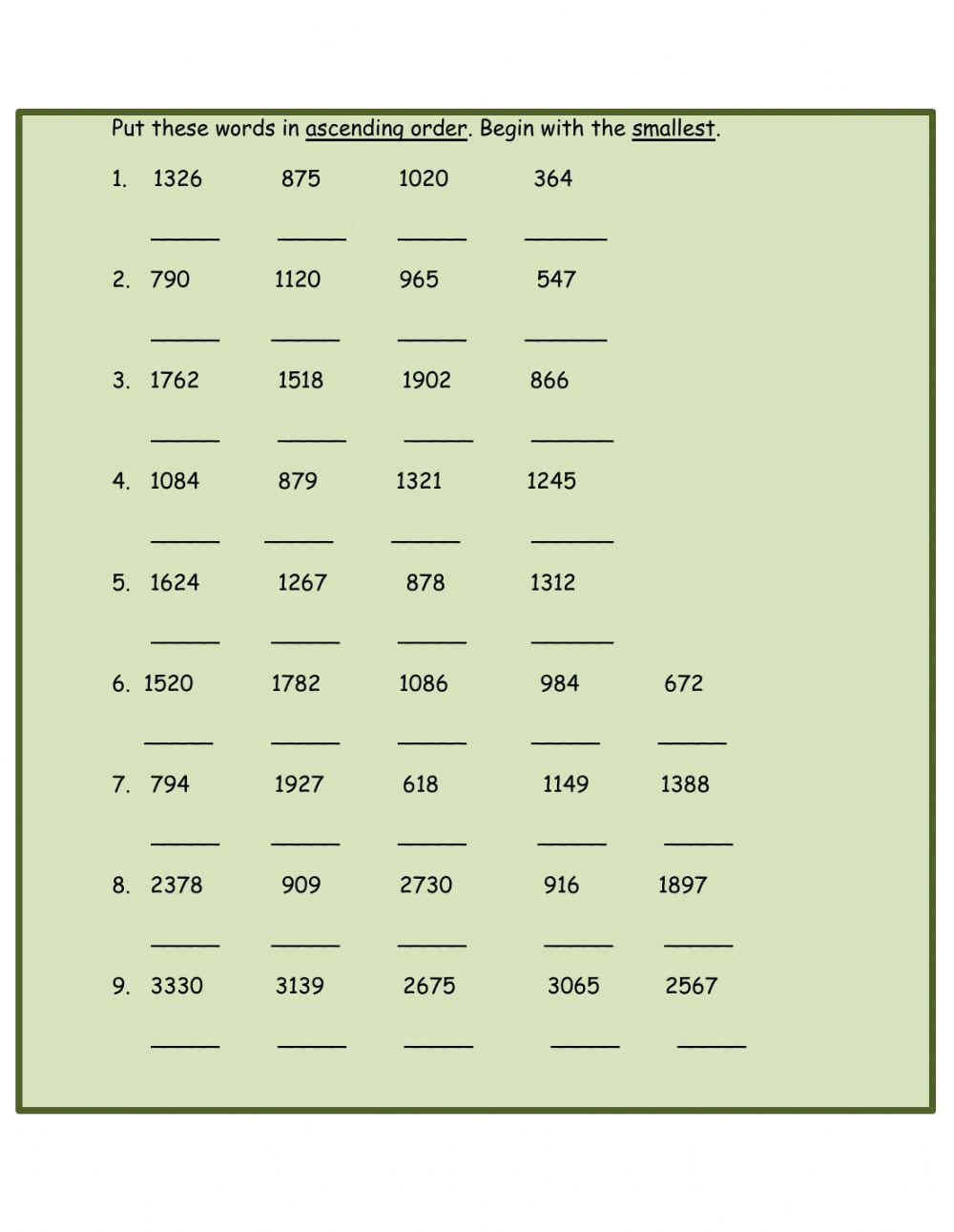 ordering of numbers worksheet for