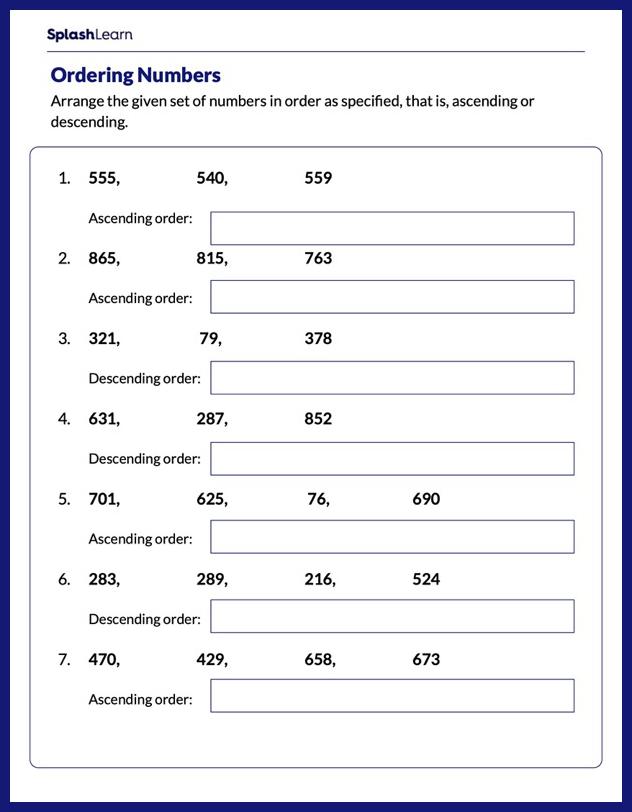 ordering of numbers worksheet