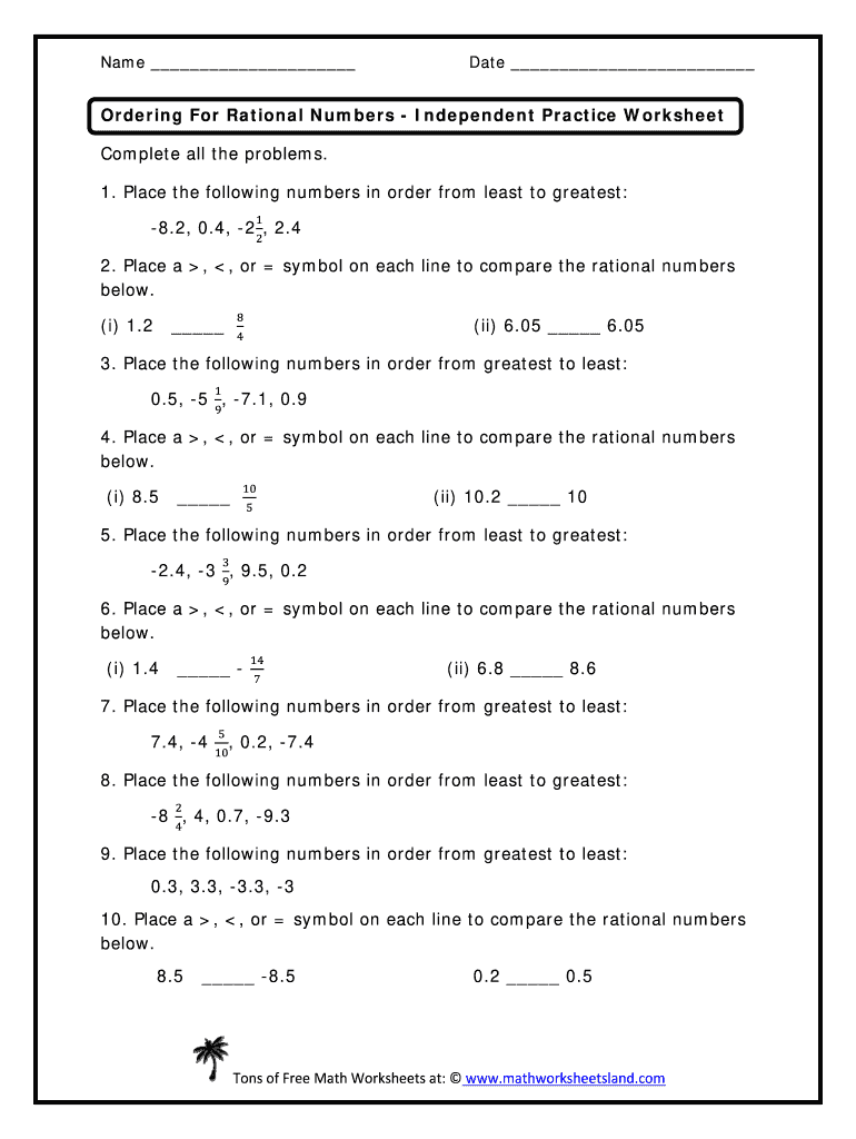 Comparing And Ordering Rational Numbers Worksheet Answer Key Pdf ...