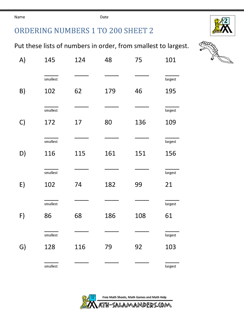 Ordering Numbers Worksheets up to 1000