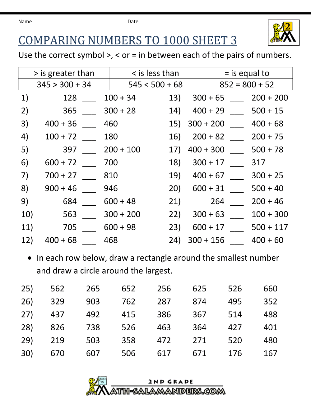 ordering whole numbers worksheet 3rd
