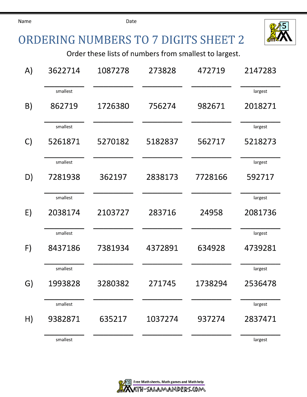 ordering whole numbers worksheet 5th grade