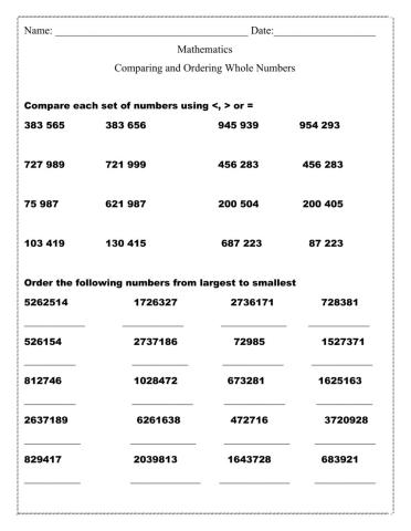 ordering whole numbers worksheet 5th