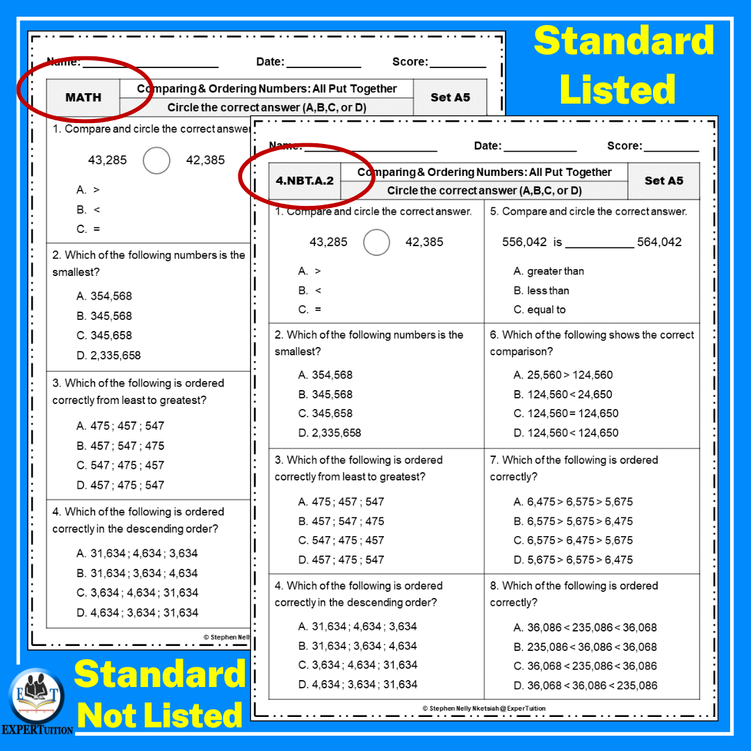 Comparing and Ordering Numbers Worksheets for 3rd, 4th and 5th Grade