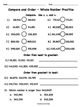 ordering whole numbers worksheet year