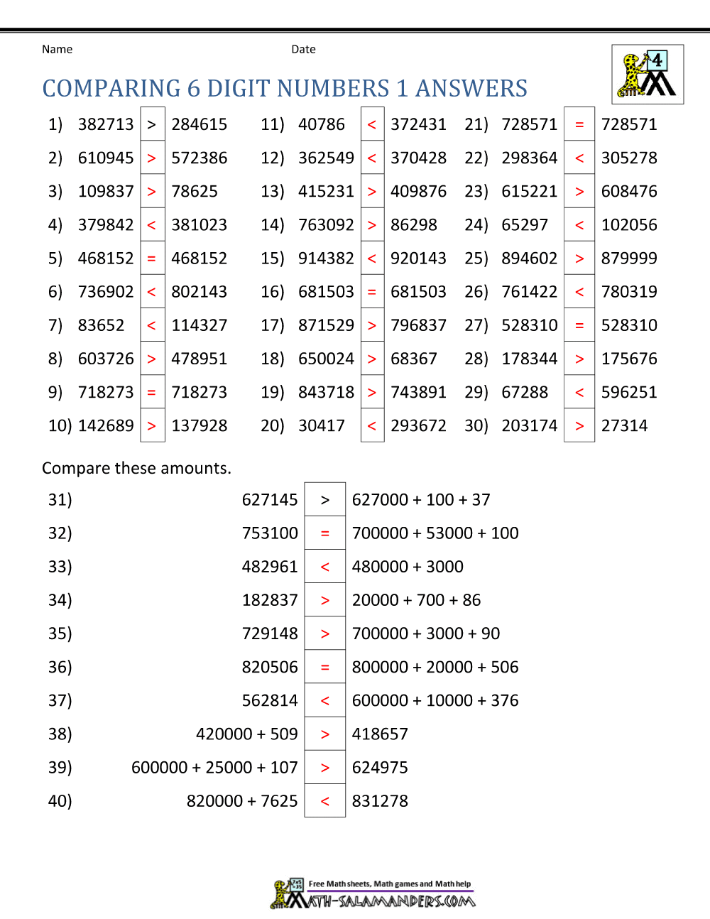 ordering whole numbers worksheet year