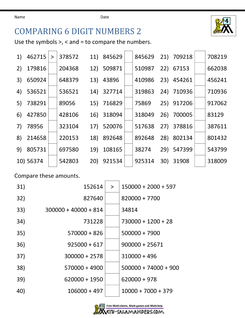 Comparing and Ordering Whole Numbers Worksheets