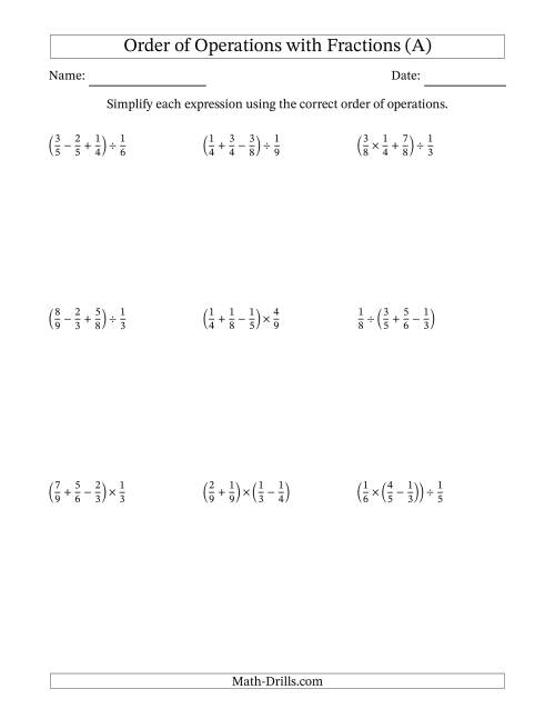 orders of operation worksheet