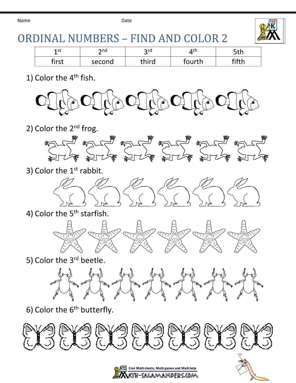 Ordinal Number Worksheets