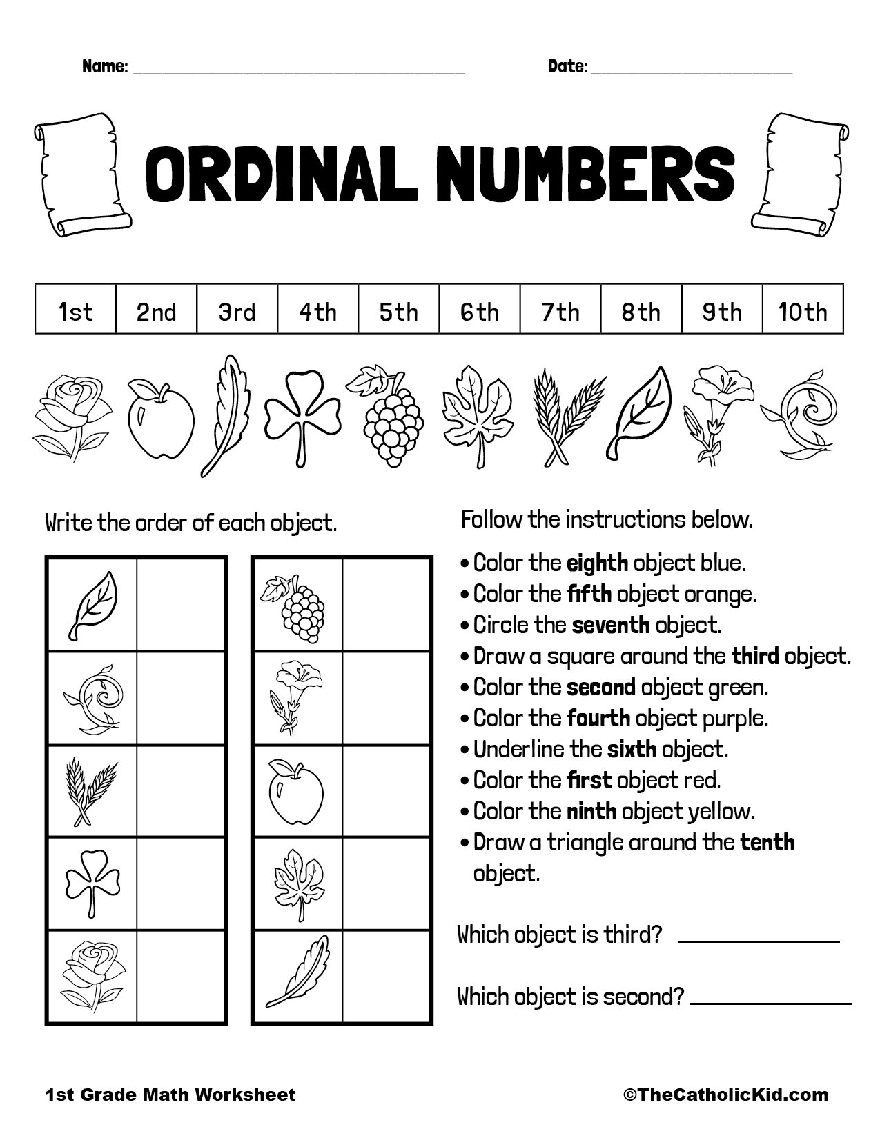 Ordinal Numbers Worksheet - TheCatholicKid.com