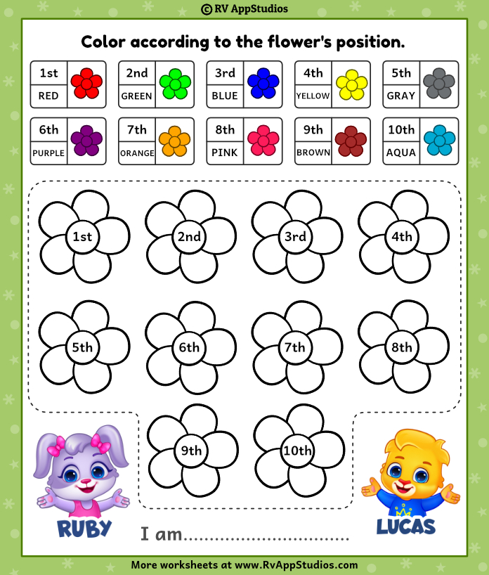 Free Ordinal Numbers Printable. Math Worksheet for Kindergarten.