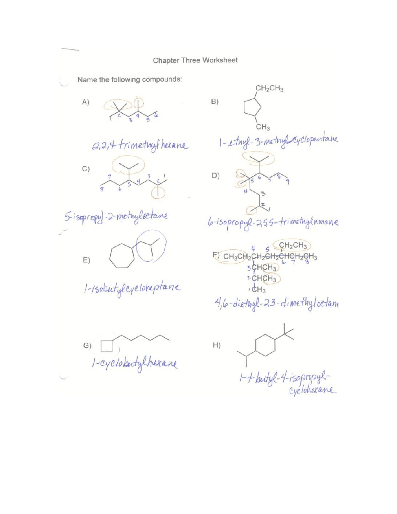 organic chemistry worksheet with answers