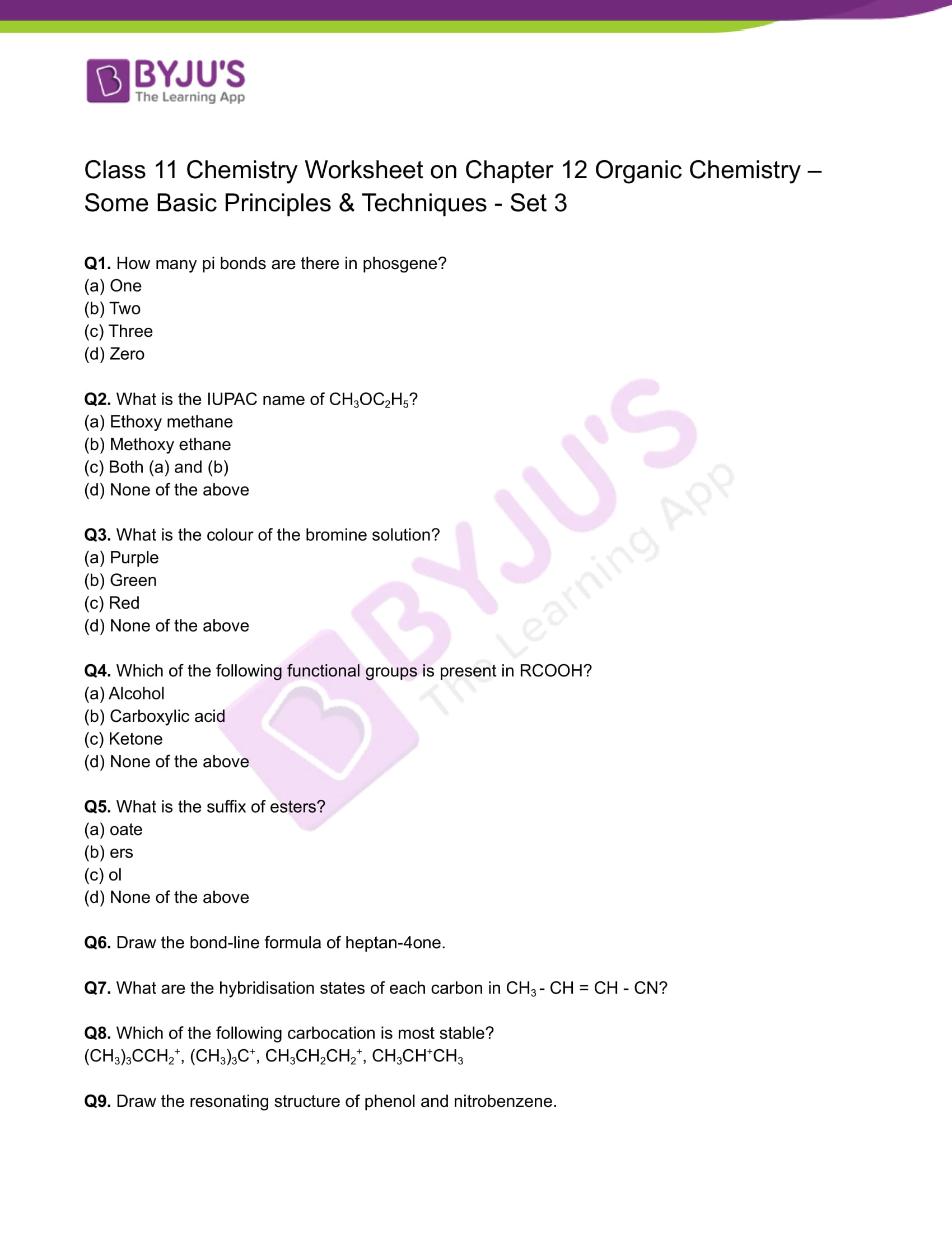 Class 11 Chemistry Worksheet on Chapter 12 Organic Chemistry ...