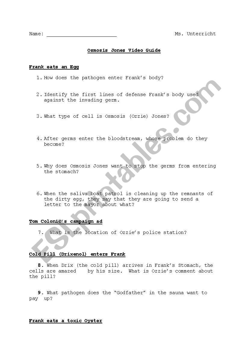 English worksheets: Osmosis Jones Film