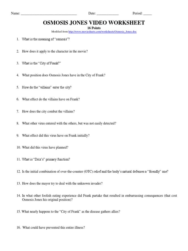 osmosis jones worksheet middle school
