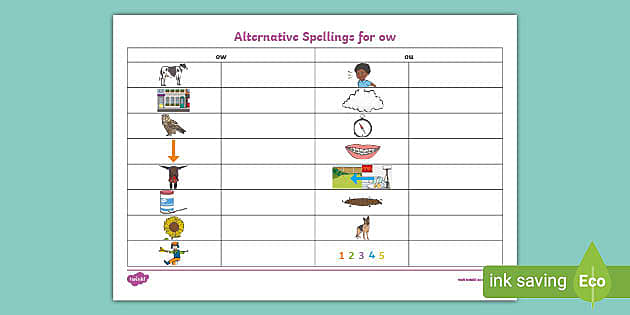 Alternative Spellings ow/ou Table Worksheet (teacher made)