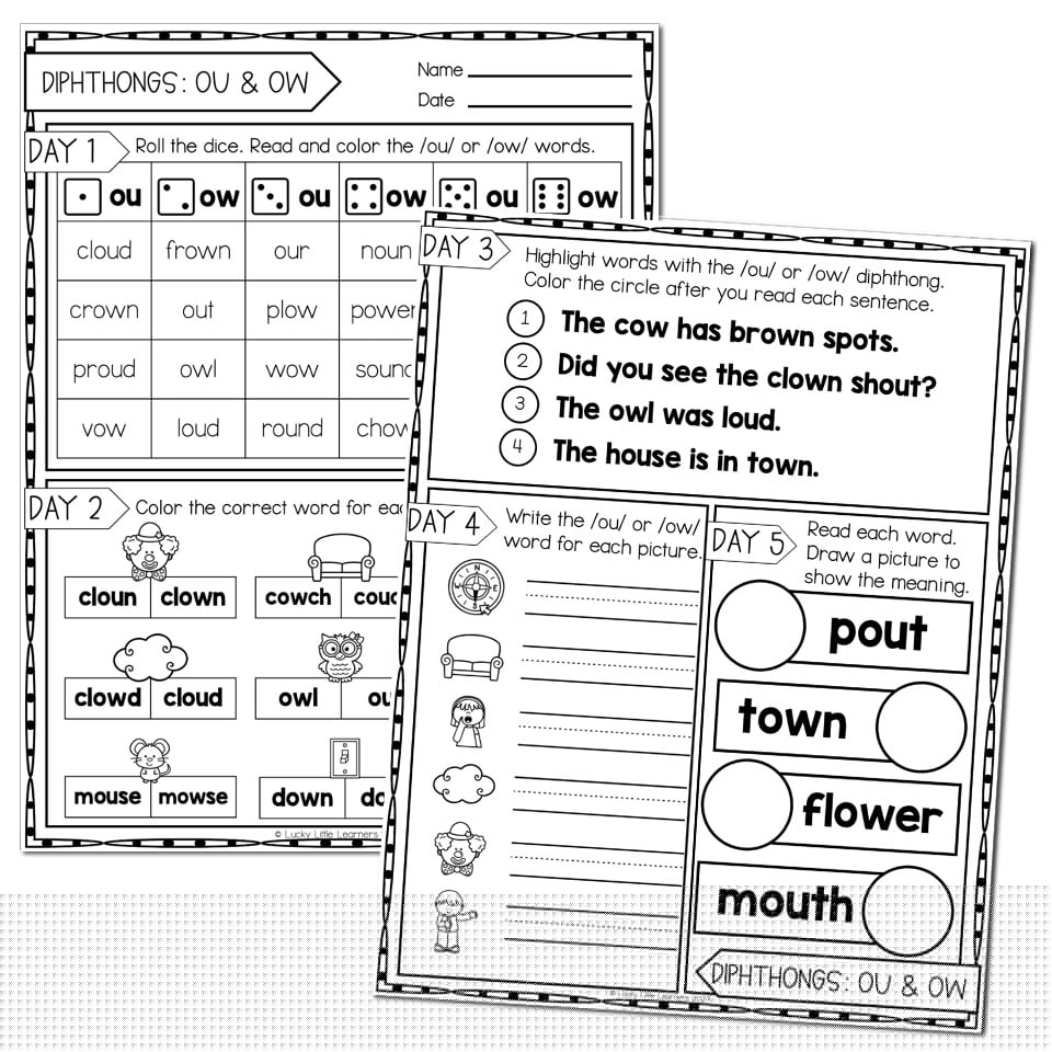 Learn to Spell ou and ow sound words | Free Phonics Worksheets