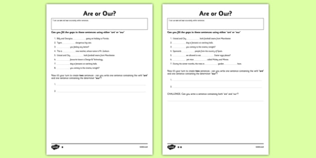 our and are worksheet
