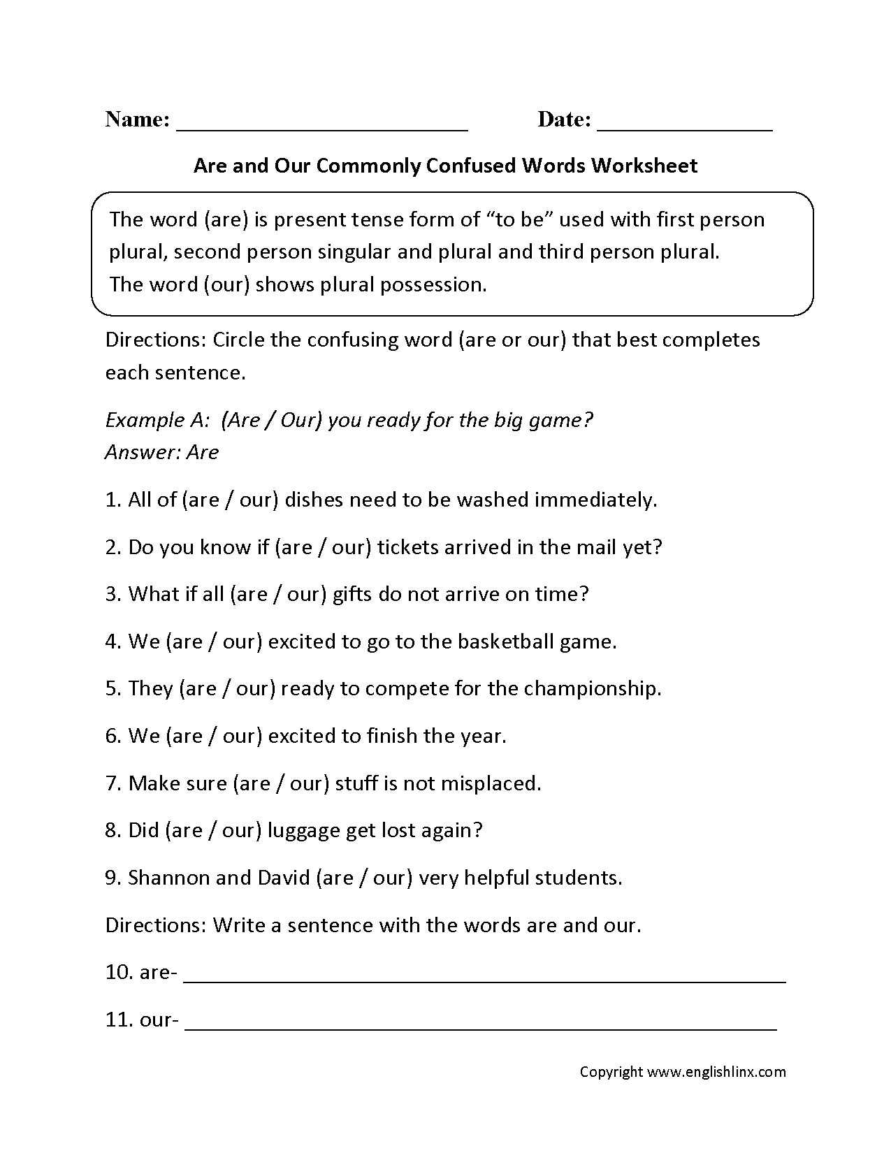 Commonly Confused Words Worksheets | Are and Our Commonly Confused ...