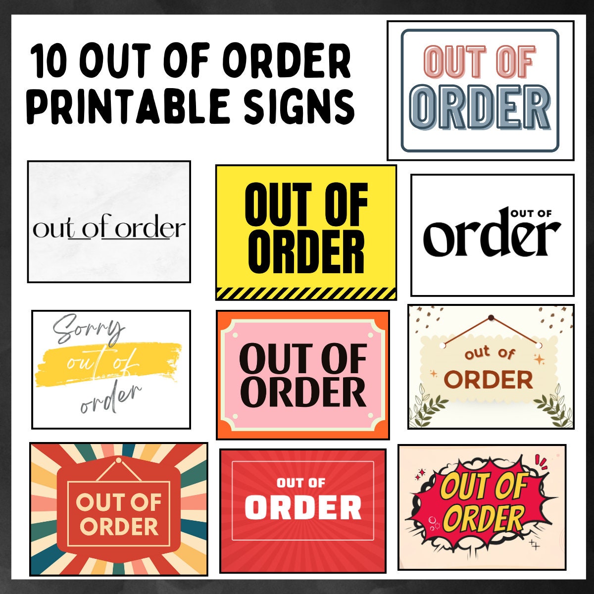 10 pack Out Of Order Sign Printables Instant Digital Download PDF 
